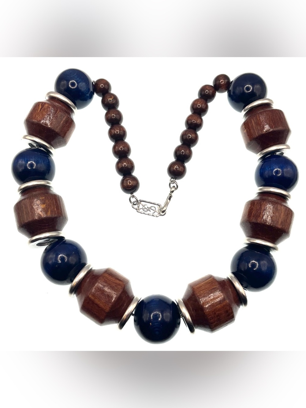 Vintage YSL Yves Saint Laurent Chunky Wood Blue Bead Runway Necklace 1980s